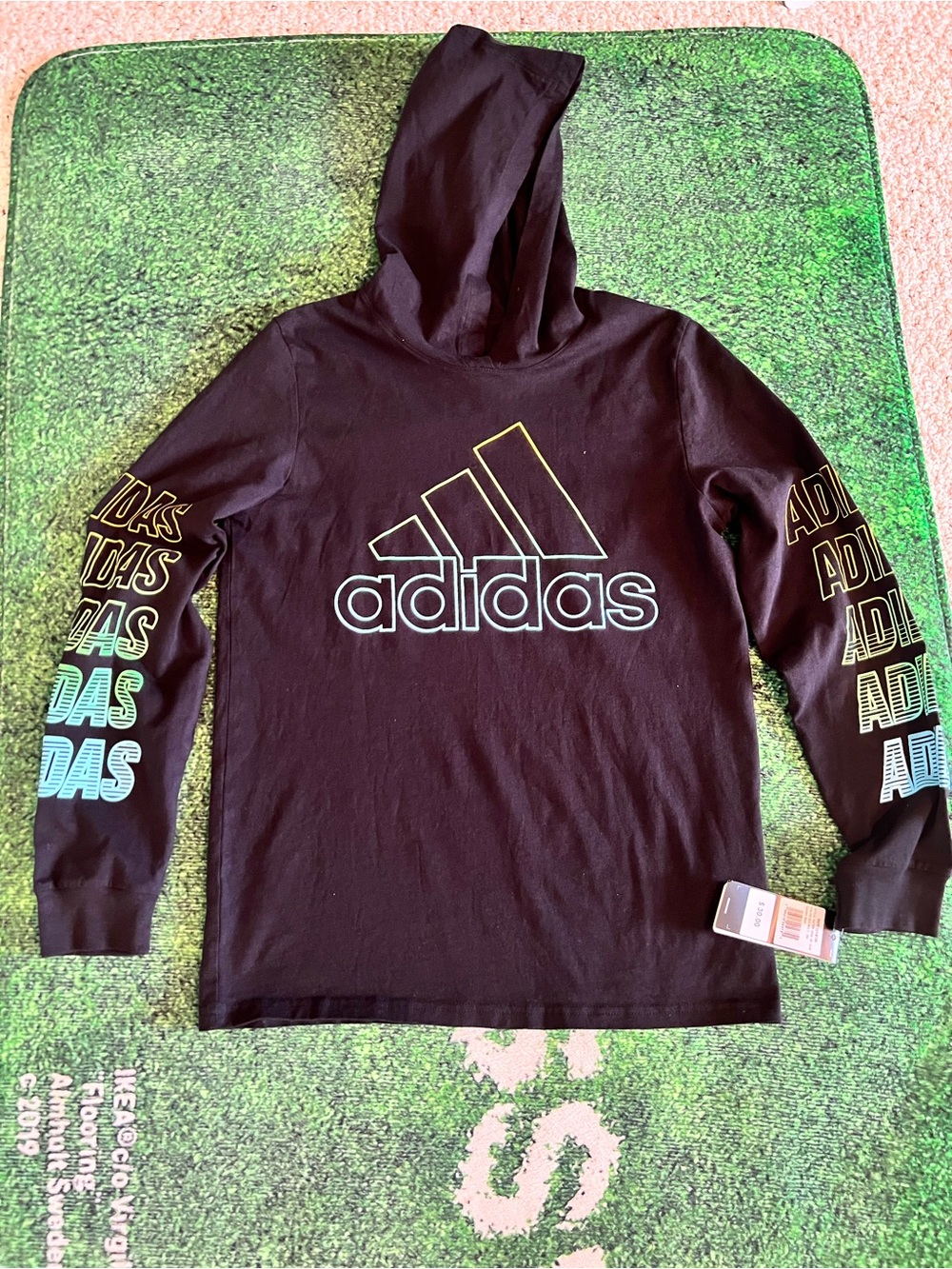 Boys Adidas Black Hoodie Shirt with Neon Gradient Logo and Sleeve Size 14/16 L